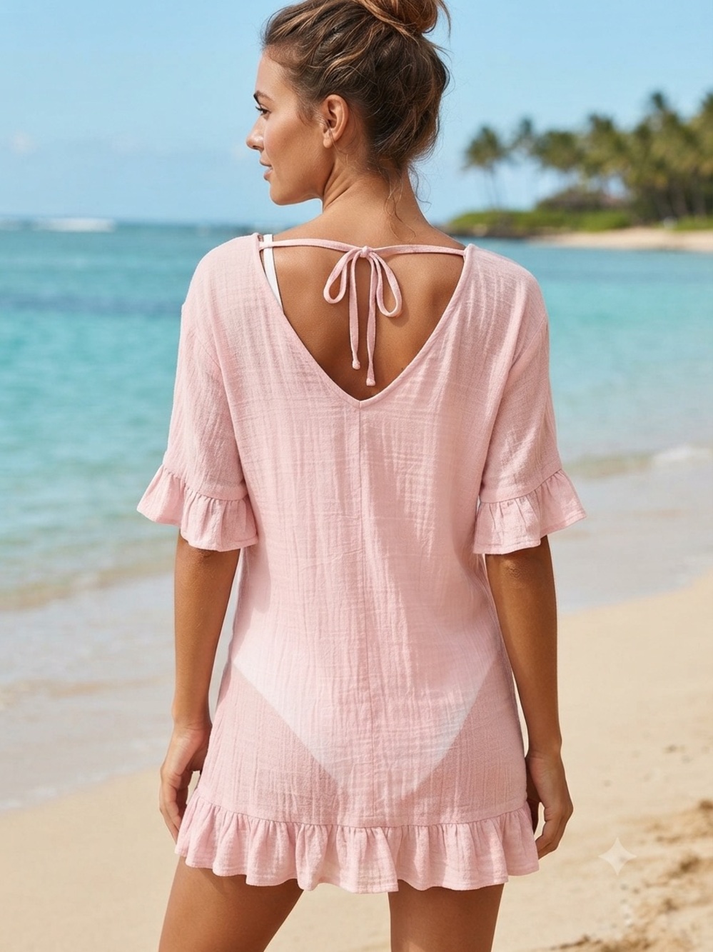 NWT Ekouaer Blush Pink Short Sleeve Ruffle-Hem Beach Cover Up, Size Medium
